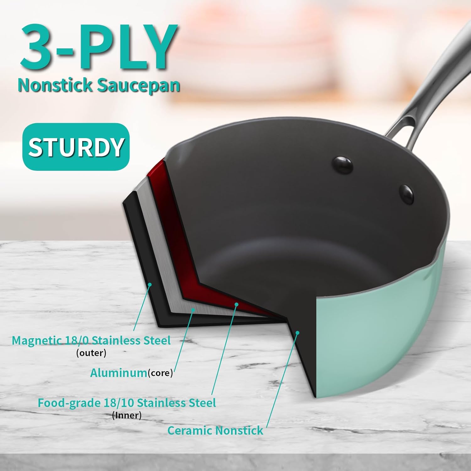 Ceramic Nonstick Tri-Ply Stainless Steel Sauce Pan with Steamer,2.5 Quart Small Multipurpose Pot with Pour Spout,Strainer Glass Lid, 2qt Saucepan for Cooking with Stay-cool Handle,Green - Culinary Roots