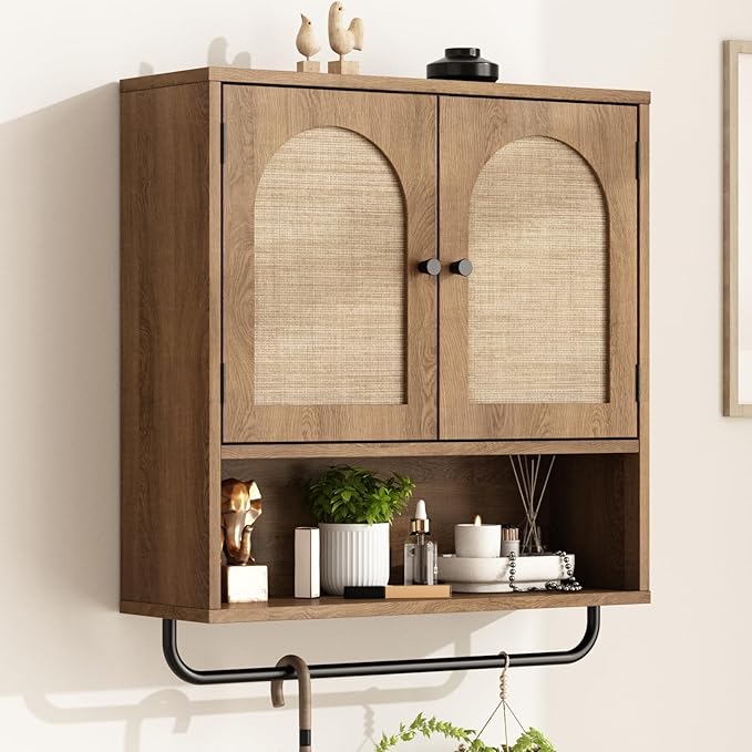 RUSTOWN Rattan Bathroom Wall Cabinet, Boho Medicine Cabinet with 2 Arched Doors, Farmhouse Over The Toilet Storage Cabinets with Adjustable Shelves & Towel Bar, 3-Tier Wall Mounted Cabinets