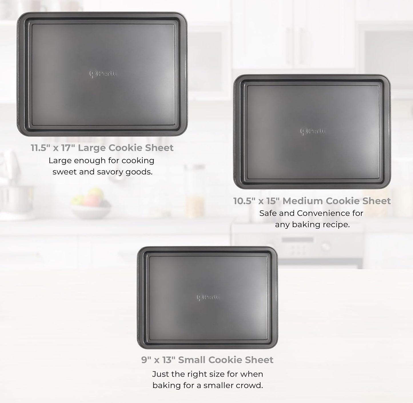 PERLLI Non-Stick 3-Piece Baking Pan Set, BPA-Free Gray Carbon Steel Bakeware Set, Stackable Kitchen Oven Set, Cookie Sheet, Baking Tray, Baking Sheet Set, Oven Safe (446°F) - Culinary Roots