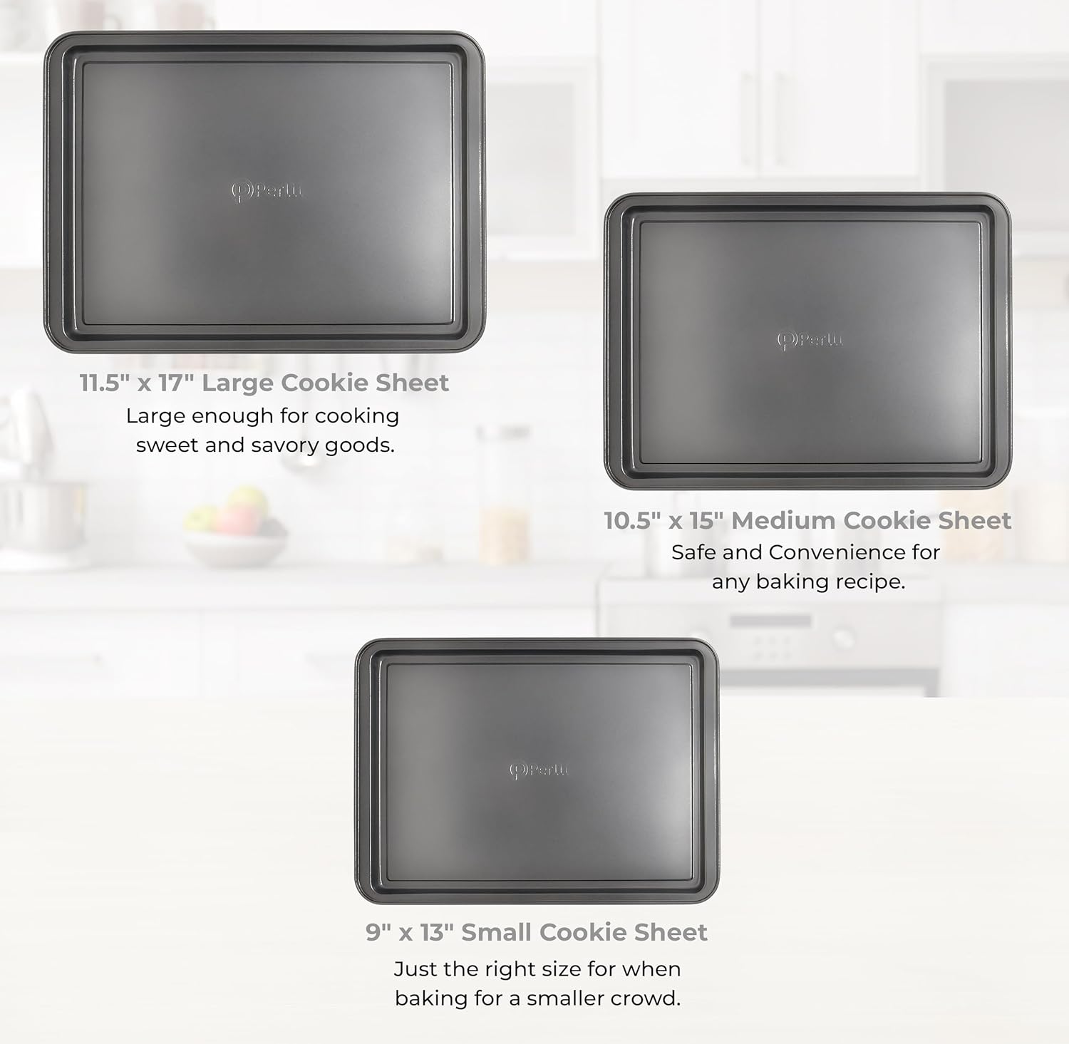 PERLLI Non-Stick 3-Piece Baking Pan Set, BPA-Free Gray Carbon Steel Bakeware Set, Stackable Kitchen Oven Set, Cookie Sheet, Baking Tray, Baking Sheet Set, Oven Safe (446°F) - Culinary Roots