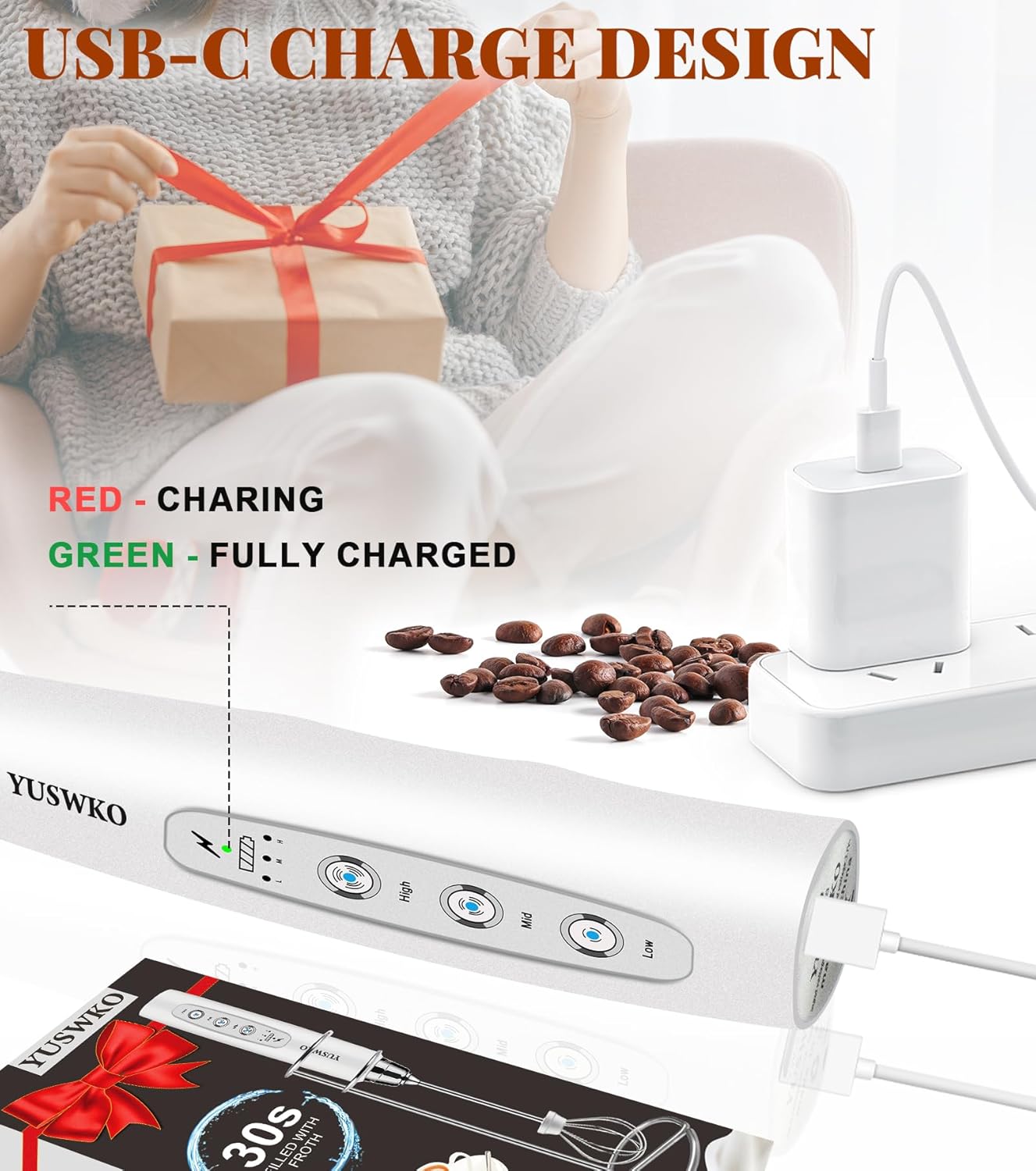 YUSWKO Milk Frother Handheld for Coffee with Stand, Rechargeable Drink Mixer with 3 Heads 3 Speeds Electric Coffee Frother Whisk, Gift for Many Occasions and Festival - Culinary Roots