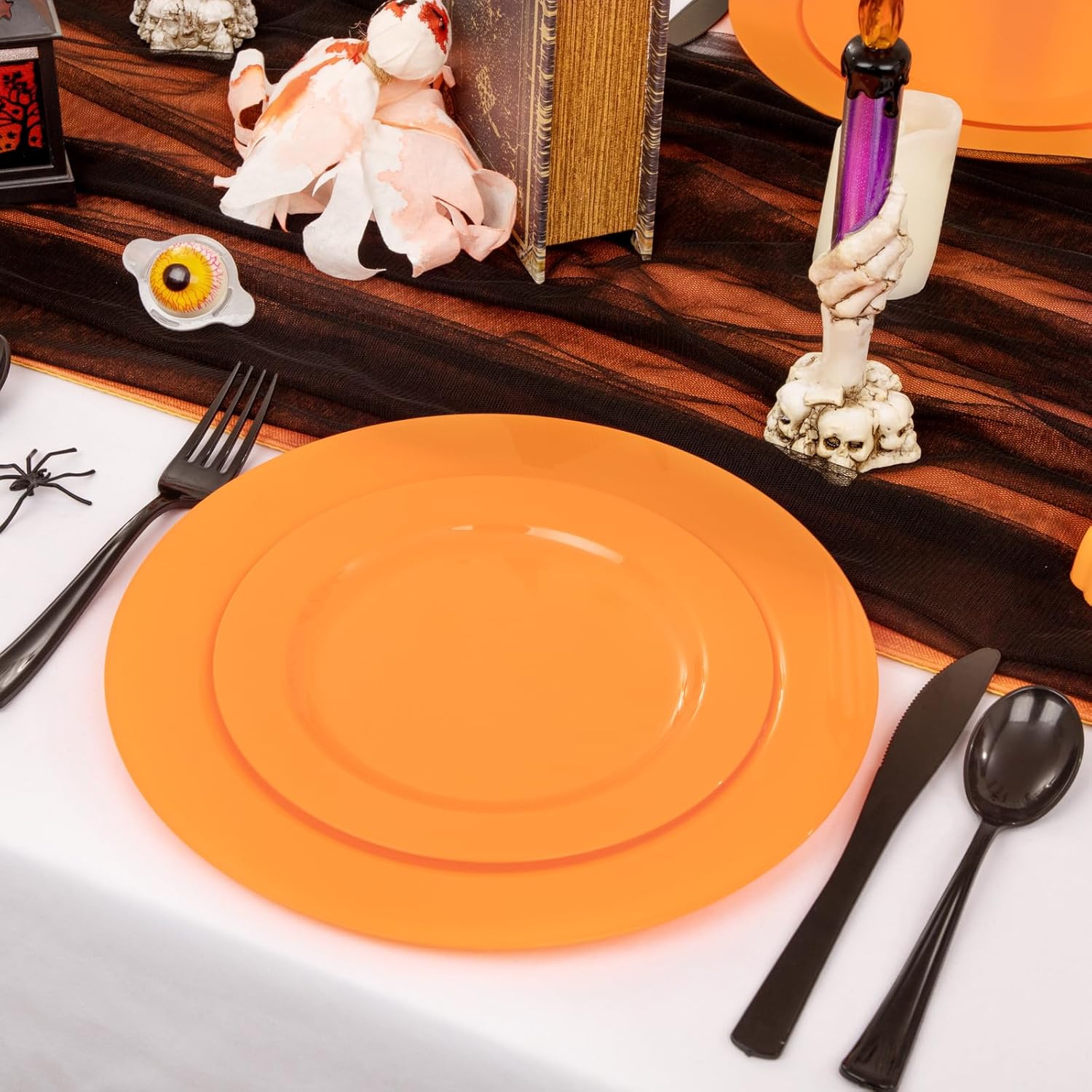 FLOWERCAT 60PCS Orange Plates - Heavy Duty Orange Plastic Plates Disposable for Halloween & Thanksgiving Party - Serve 30 Guests 10.25inch and 7.5inch - Culinary Roots