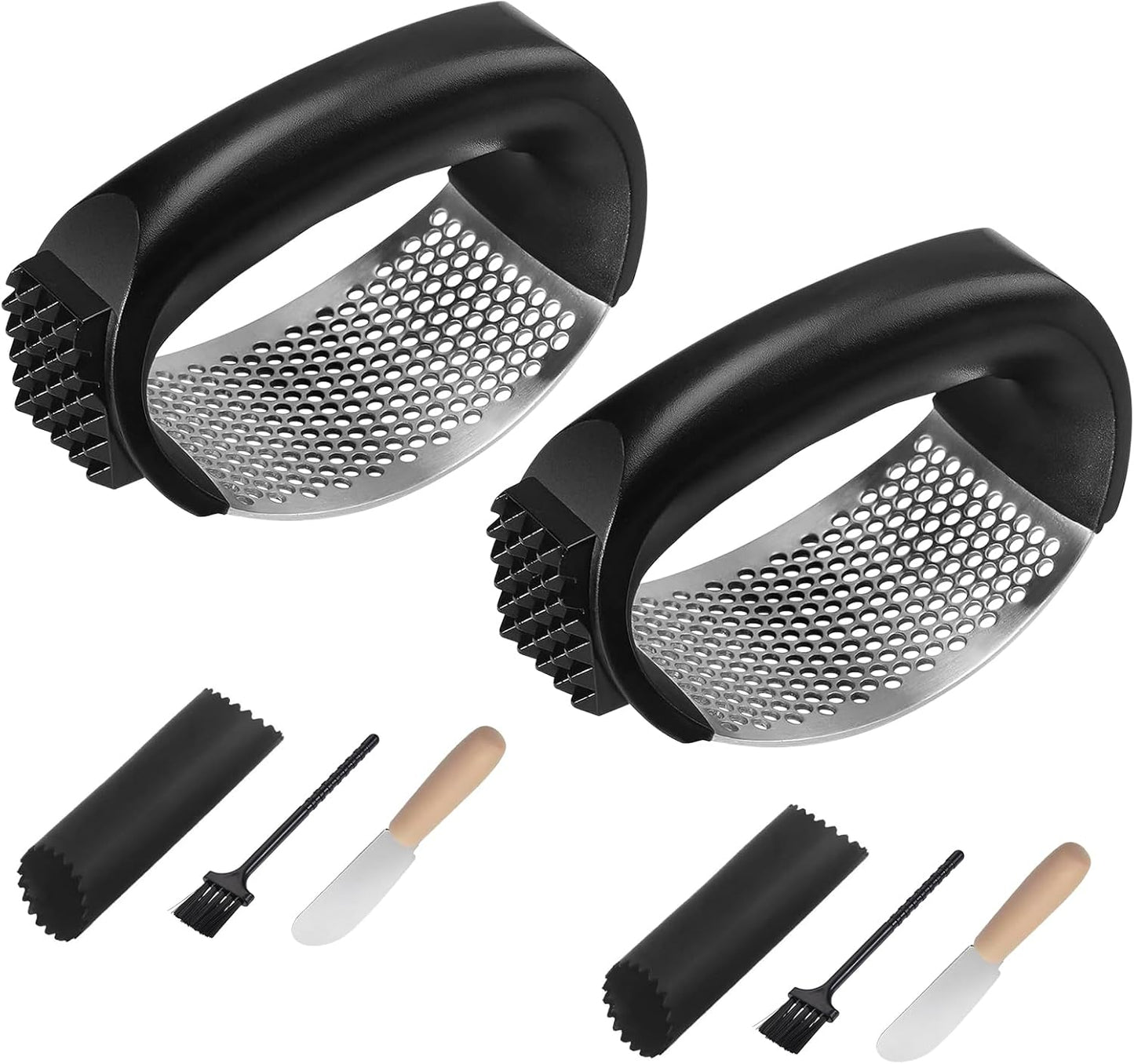 2 Pack Garlic Press Rocker Set – Innovative Stainless Steel Garlic Mincer & Crusher with 2 Peelers, 2 Scrapers, and 2 Brushes for Effortless Garlic Prep | Complete Garlic Tool Kit (BLACK) - Culinary Roots