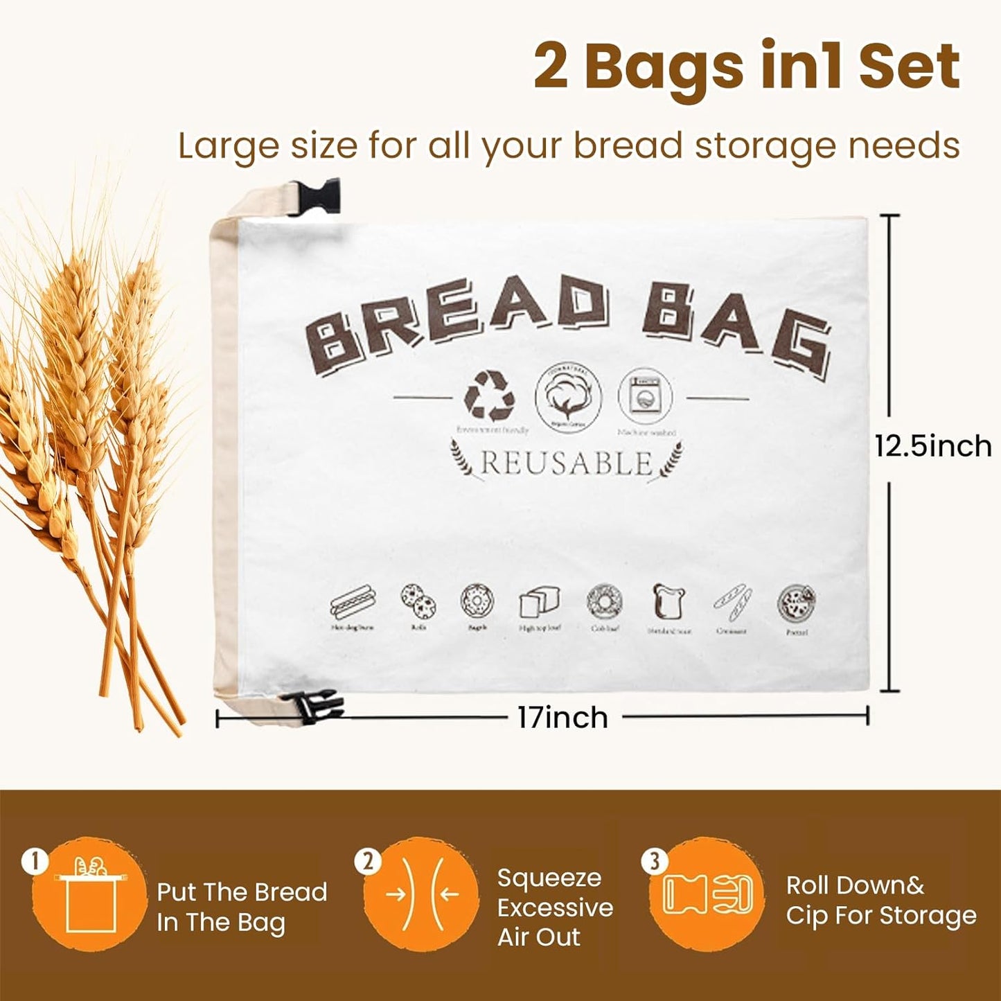 2-Pack Bread Bags, Reusable Bread Bags for Homemade Bread, Buckle Closure,Fresh Keeping Extra Large Bags, Food Bag (White)