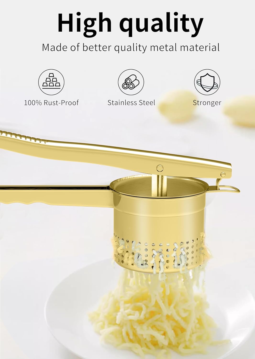 Large 15oz Potato Ricer Masher, Heavy Duty Stainless Steel Potato Masher with Ergonomic Handle, Masher and Ricer Kitchen Tool for Mashed Potatoes, Noodle Maker, Gold - Culinary Roots