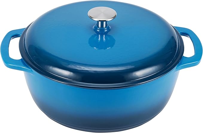 Amazon Basics Enameled Cast Iron Dutch Oven Pot with Lid, Oven Safe, Heavy-Duty, Dual Handles for Roasting and Stews, 7.3-Quart, Blue
