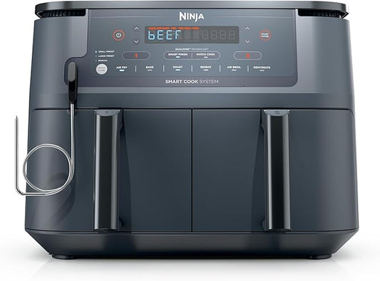 Ninja Air Fryer, Thermometer, Roast, Bake, Air Fry, Crisps, Broil, Reheats, Keep Warm, 10-in-1, Fries, Frozen Food, Veggies, and Meat, Quick Meals, Healthy Meals, Less Oil, 10 QT, GREY, DZ550GY