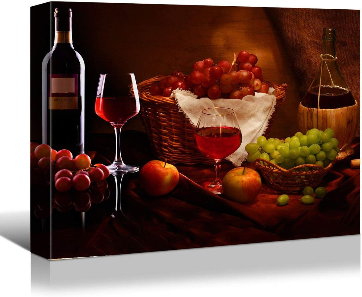 Looife Kitchen Still Life Canvas Wall Art, 16x12 Inch Gallery Wrapped Wine Cup with Grapes Picture Prints Wall Decor, Food Art Deco for Dining Room and Bar