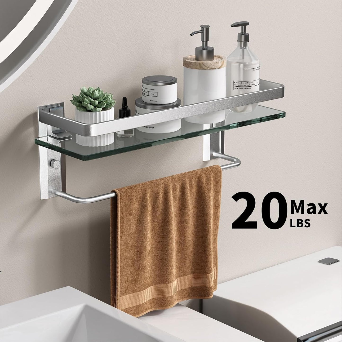 Danpoo Bathroom Wall Shelf with Towel Bar, Clear Tempered Glass, Hand Towel Holder (Matte Silver)