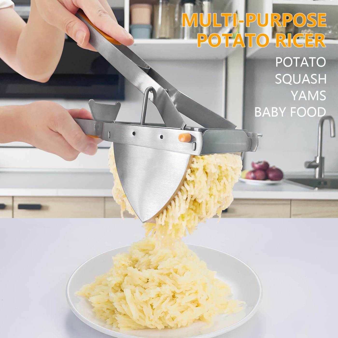 LHS Stainless Steel Potato Ricer and Masher, Heavy Duty Commercial Food Masher, Ergonomic Comfort Grip, Extra Large Capacity, Dishwasher Safe (Orange) - Culinary Roots