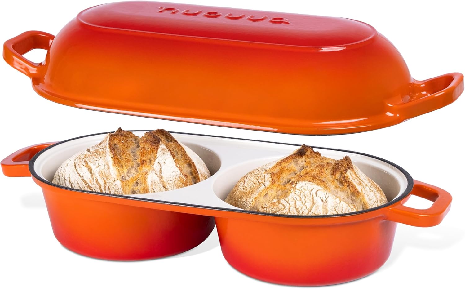 nuovva Dutch Oven For Sourdough Bread Baking – Enamelled Cast Iron Bread Loaf Pot – 500°F Oven Safe Non Stick Bread Pot – Double Round Loaf Space, 16.5cm Diameter, Orange - Culinary Roots