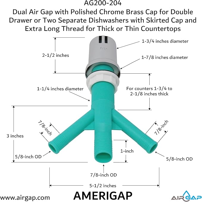 Dual Air Gap with Polished Chrome Brass Cap for Double Drawer or Two Separate Dishwashers with Skirted Cap and Extra Long Thread for Thick or Thin Countertops (AG200-204, AG200-X04, AMERIGAP)