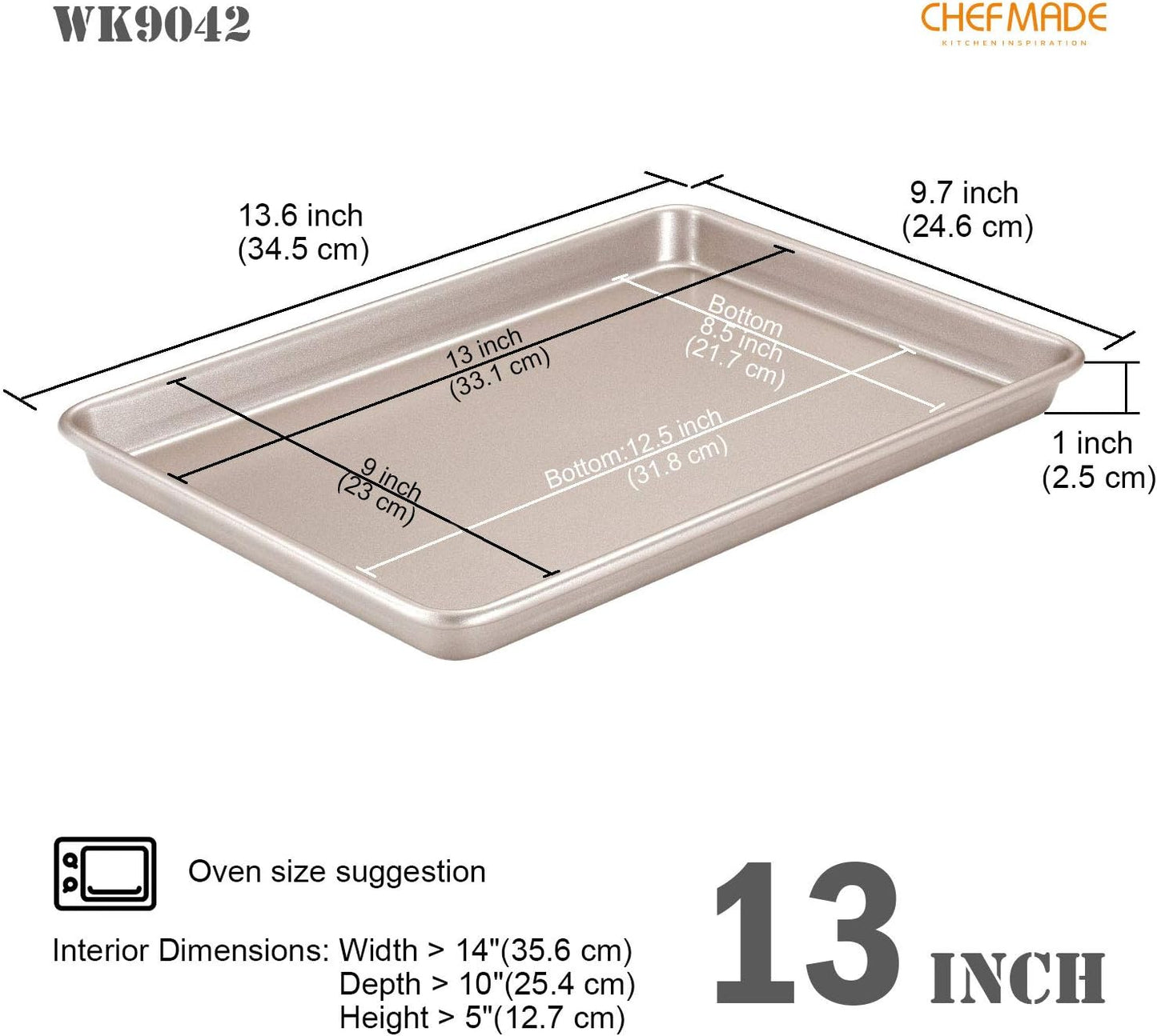 CHEFMADE 13-Inch Rimmed Baking Pan, Non-Stick Carbon Steel Cookie Sheet Pan for Oven Roasting Meat Bread Jelly Roll Battenberg Pizzas Pastries 9.7" x 13.6" x 1" (Champagne Gold) - Culinary Roots