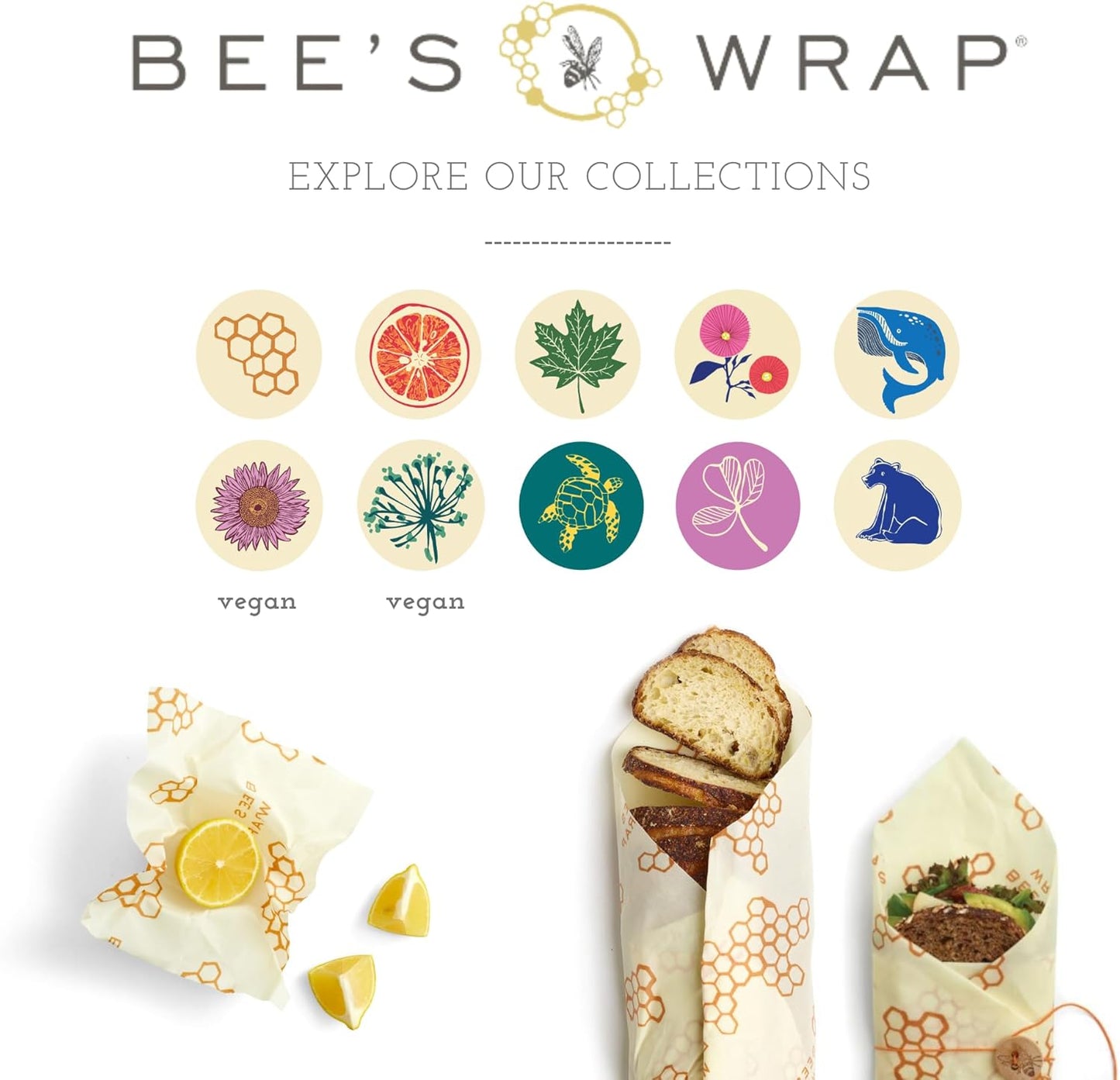 Bee's Wrap Vegan Beeswax Wraps for Food - Assorted 7 Pack (2S, 2M, 2L, & 1 Bread) Made in USA Reusable & Organic Food Wraps & Bowl Covers - Eco-Friendly Alternative to Aluminum Foil & Plastic Wrap