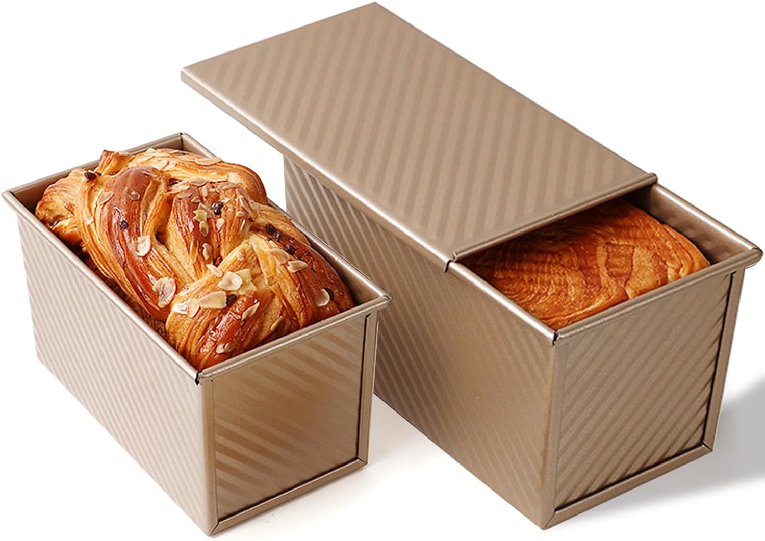 2 Pack Pullman Loaf Pan with Lid, 1 lb/0.5 lb Dough Capacity, Carbon Steel Corrugated, Non-Stick Sandwich Bread Loaf Pan with Lid - Culinary Roots