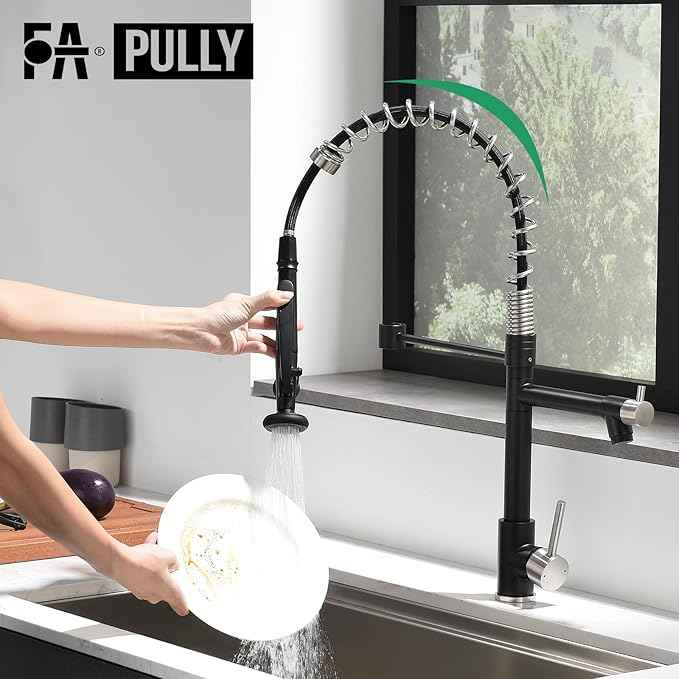 Pull Down Kitchen Faucet with Sprayer,Fapully Commercial Matte Black&Brushed Nickel Kitchen Sink Faucets
