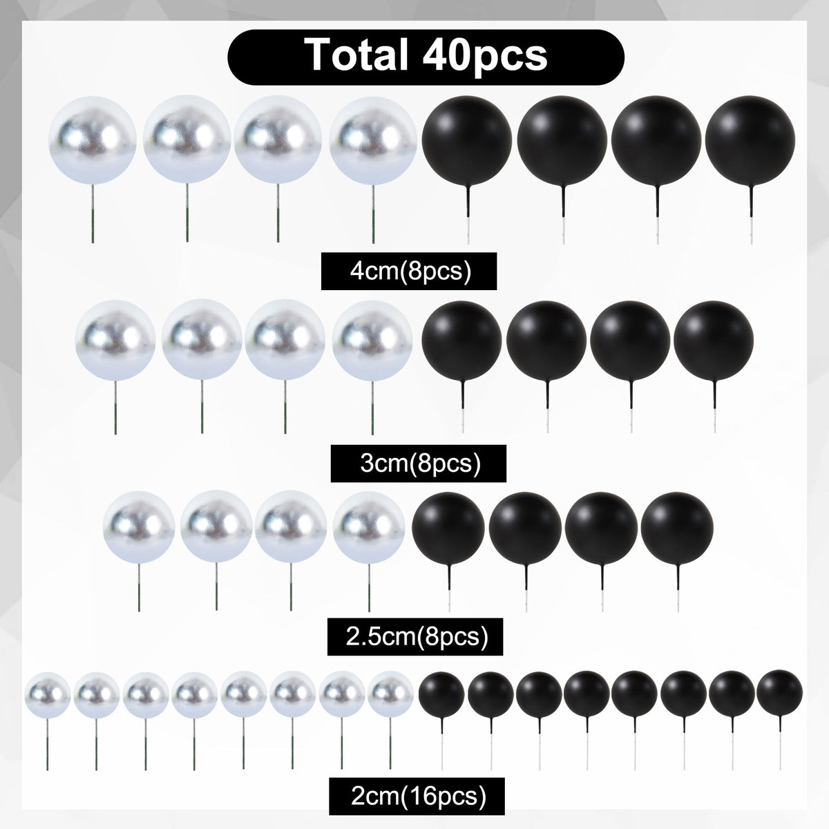 40 Pcs Ball Cake Toppers Mini Balls Cake Decorations Black Silver Foam Balls Sticks DIY Cake Topper for Congrats Grade 2026 Graduation Men Birthday New Year Retirement Decorations (40 Count)