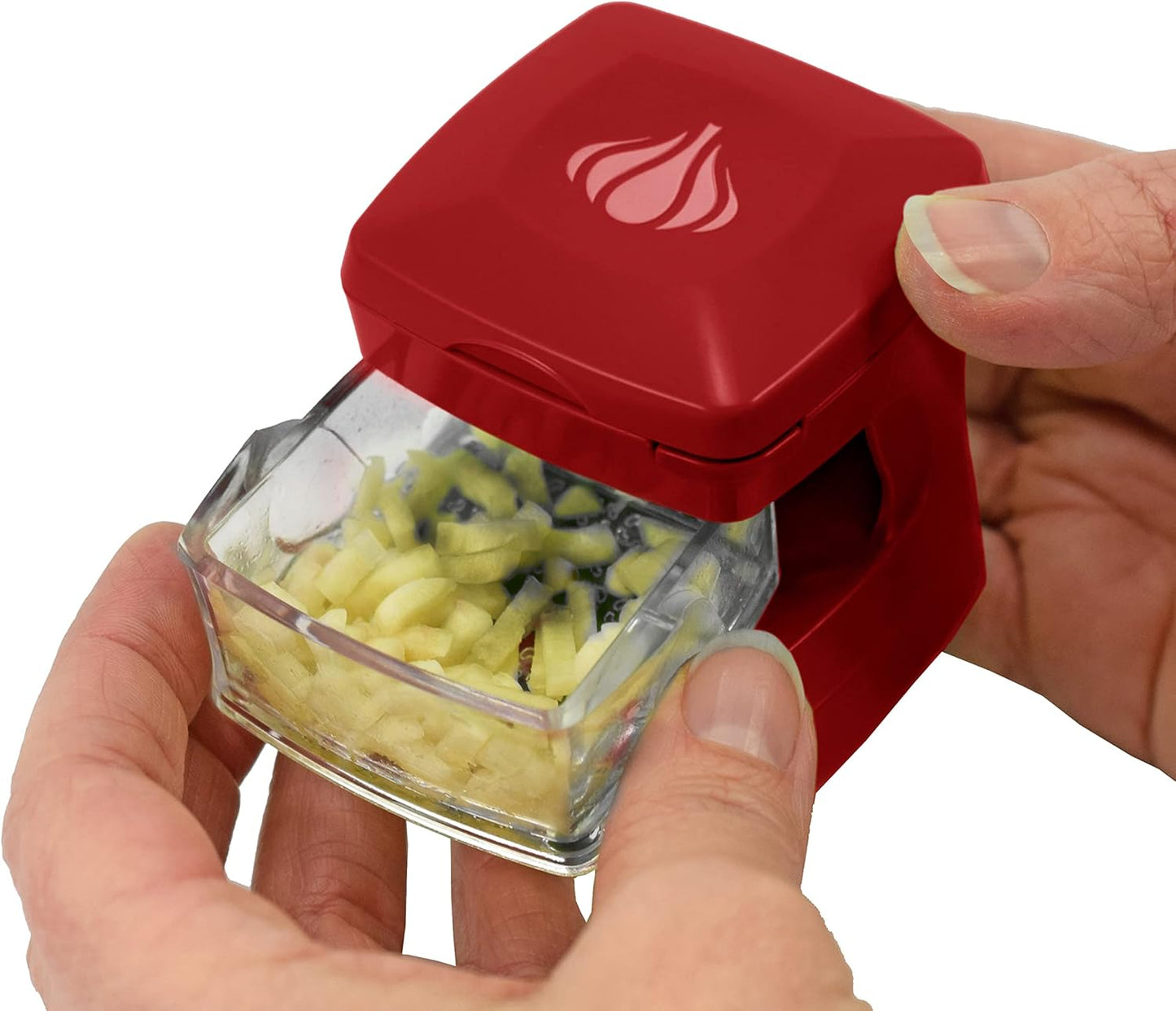 Garlic-A-Peel Garlic Press, Crusher, Cutter, Mincer, and Storage Container - Includes Silicone Garlic Peeler - Easy to Clean - Stainless Steel Blades – (Red), standard - Culinary Roots