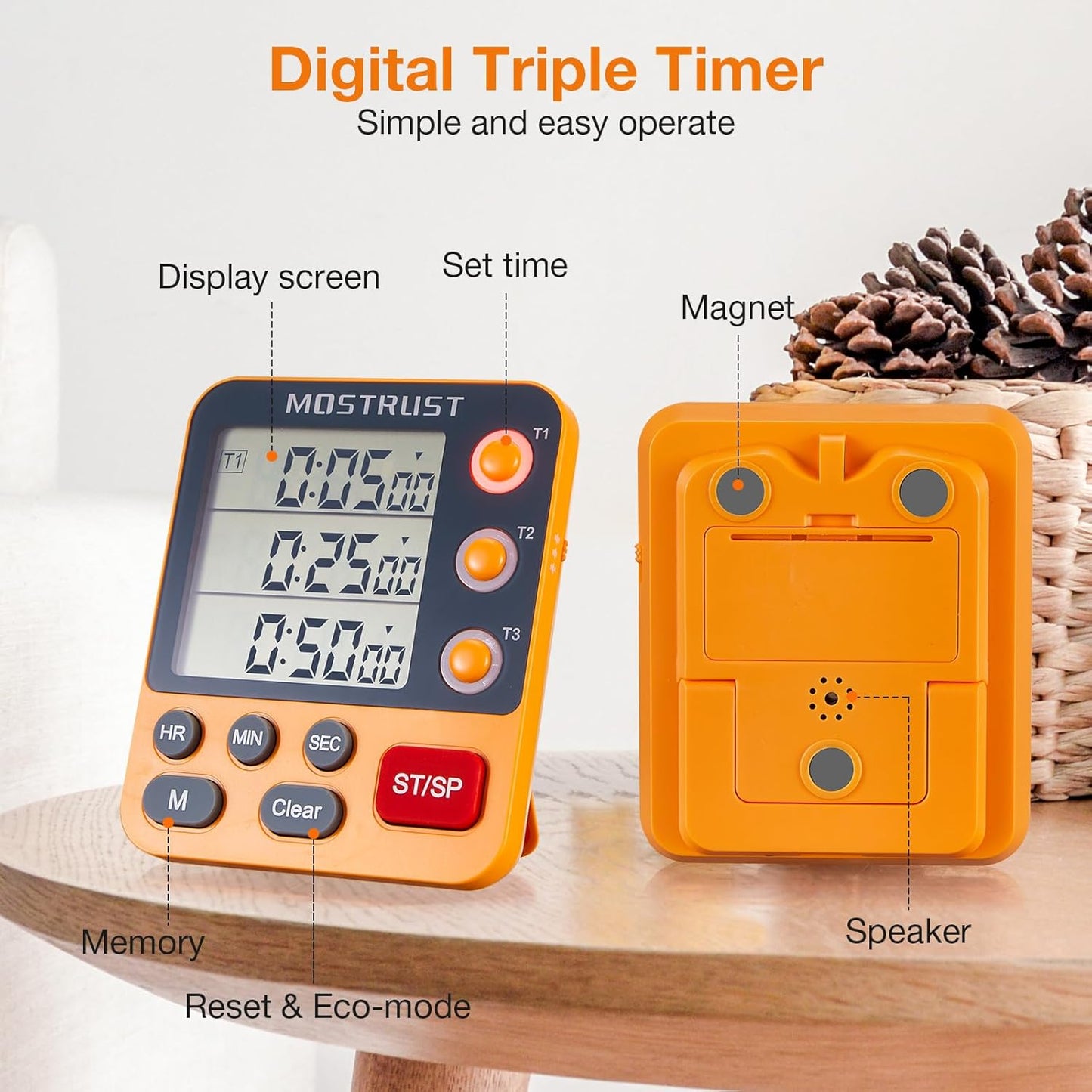 Digital Dual Kitchen Timer, 3 Channels Countdown Triple Timer for Cooking, Magnetic Memory-Preset Large-Display Adjustable Alarm Volume, Multi Times Management, 3A Battery Included, Blue