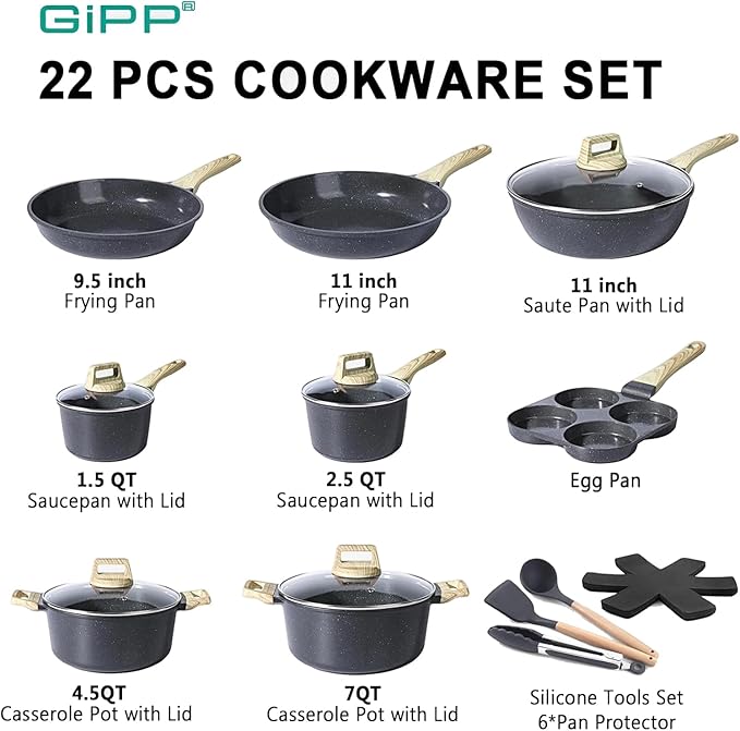 GiPP Ceramic Pots and Pans Set Non Stick - 22Pcs Nonstick Cookware Set, Non-Toxic Healthy Kitchen Cooking Set w/Frying Pans Set, Dishwasher Safe, PFAS PTFE PFOA PFOS Free, Dark Gray