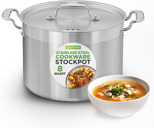 NutriChef 8 Qt Heavy-Duty Stockpot with Stainless Steel Lid - Induction Compatible Cooking Pot, Ideal for Soups and Stews - Culinary Roots