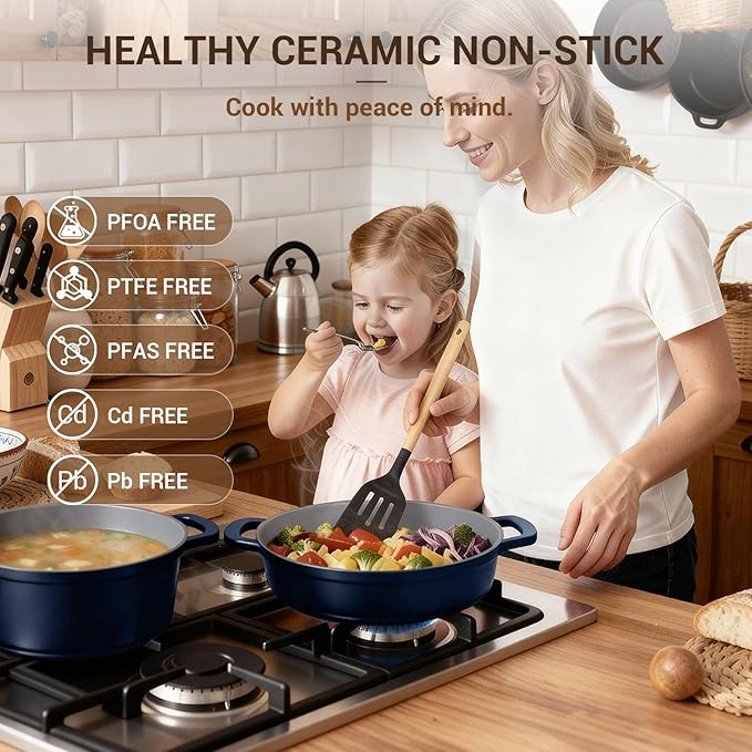 Ammeloo 4.5 Qt Non Stick Soup Pot with Lid, Ceramic Stockpot Set, Cooking Pot for All Stovetops, All-in-One Non Toxic Pot for Stews, Soups & Pasta, Easy to Clean, Induction Ready, PFAS Free
