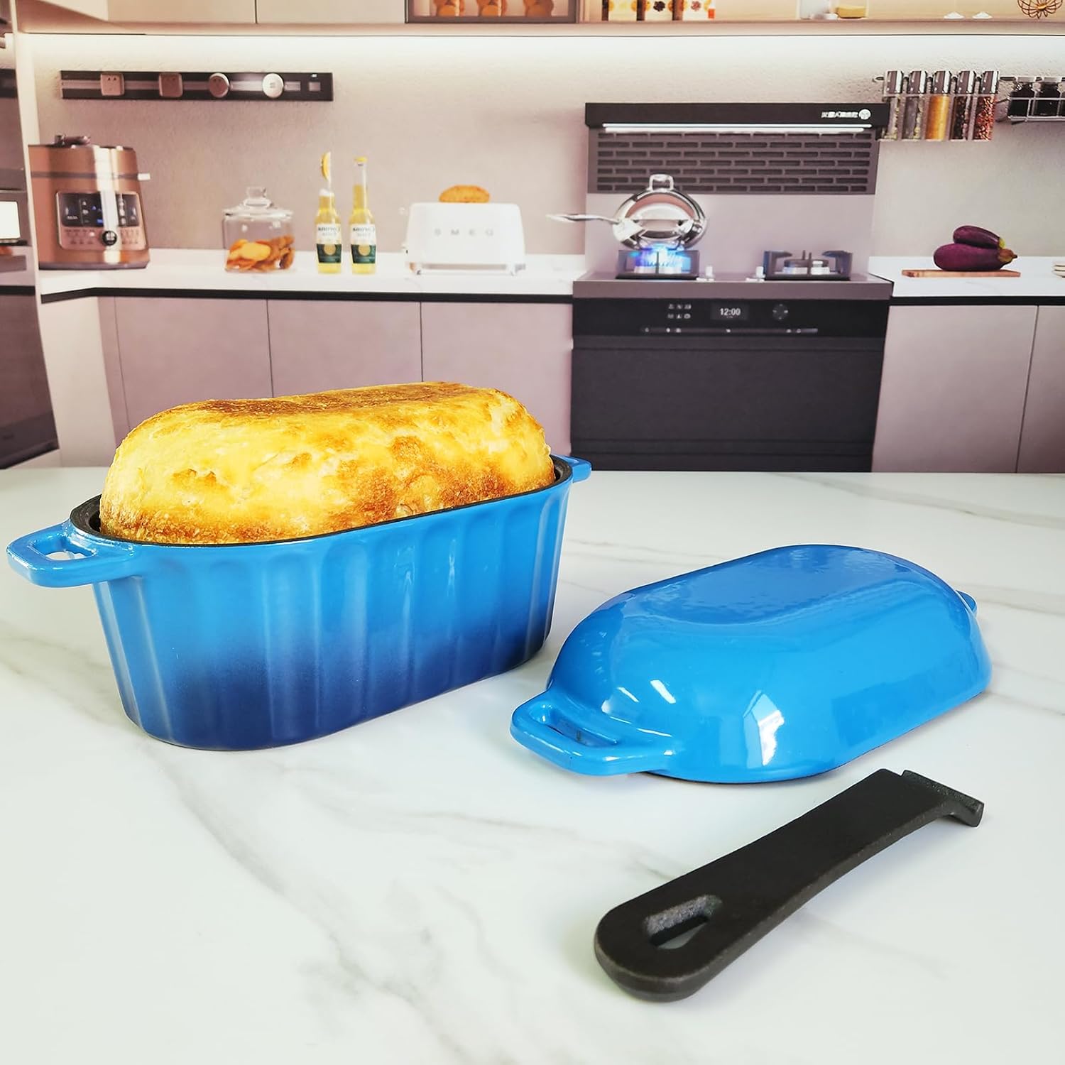 Dutch Oven Enameled Cast Iron Bread Pan with Lid Sourdough Loaf Pans for Baking Bread Large Heavy Oval Bread Dutch Oven with Movable Handle 4 Qt Blue Dishwasher Safe - Culinary Roots