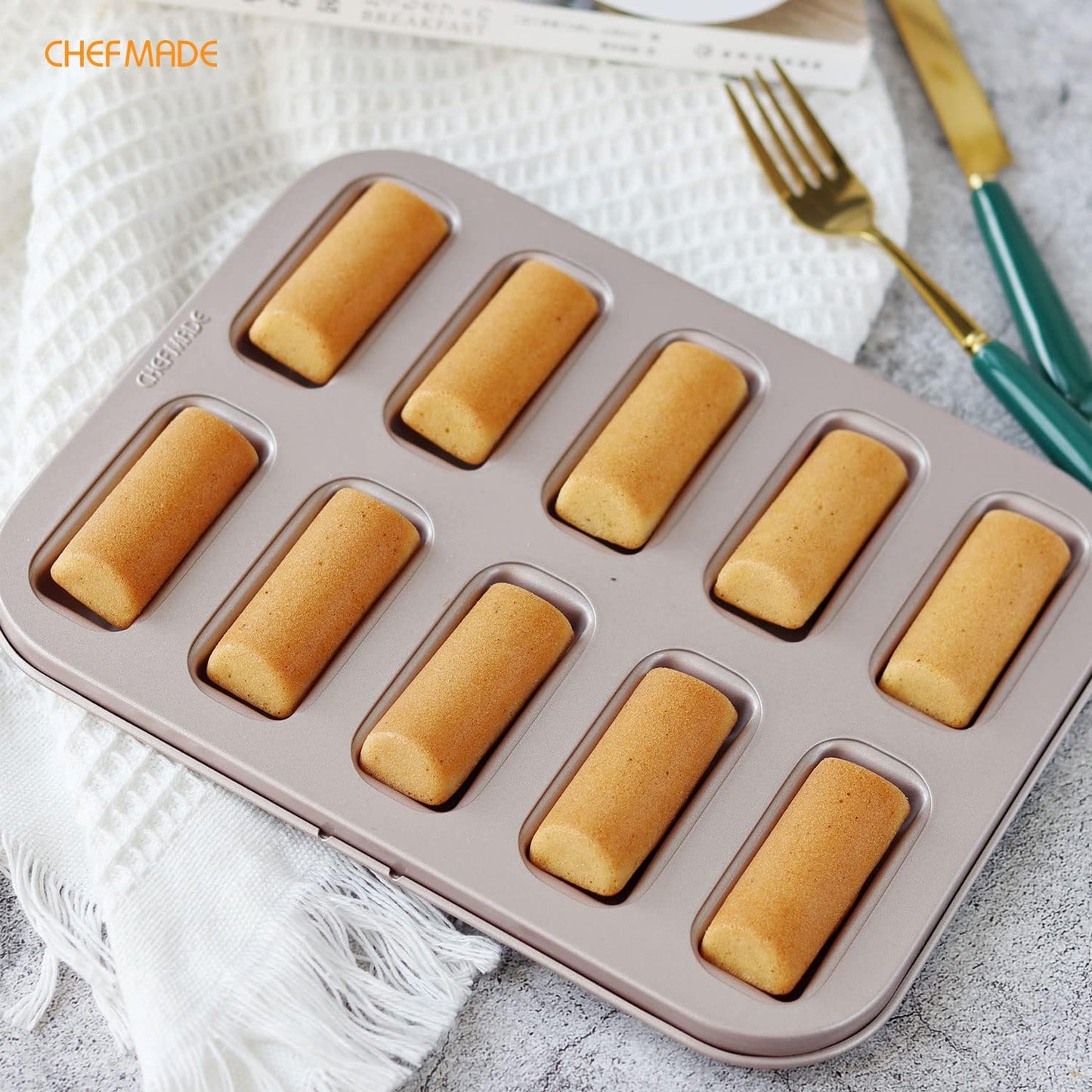 CHEFMADE Financier Cake Pan, 10-Cavity Non-Stick Rectangle Muffin Pan Biscuits Cookies Bakeware for Oven Baking (Champagne Gold) - Culinary Roots