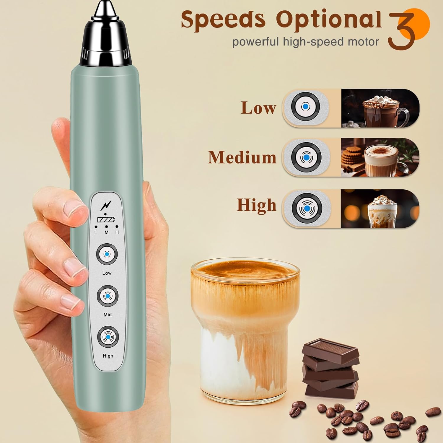 Milk Frother Handheld Rechargeable, Frother Wand Drink Mixer Electric Whisk for Coffee, Detachable With 3 Stainless Whisks, Hand Mixer for Lattes, Cappuccino, Matcha, No Stand, Sage Green - Culinary Roots