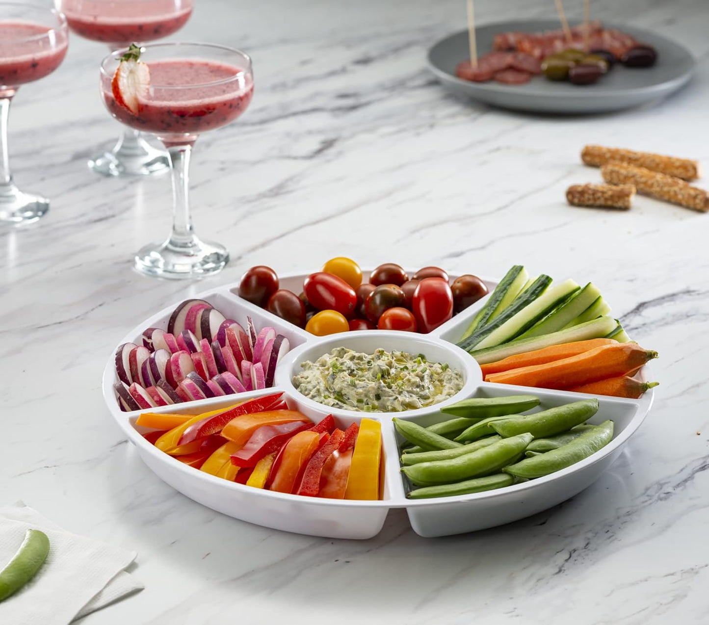 Plasticpro 6 Sectional Round Plastic Serving Tray/Platter (4, White)