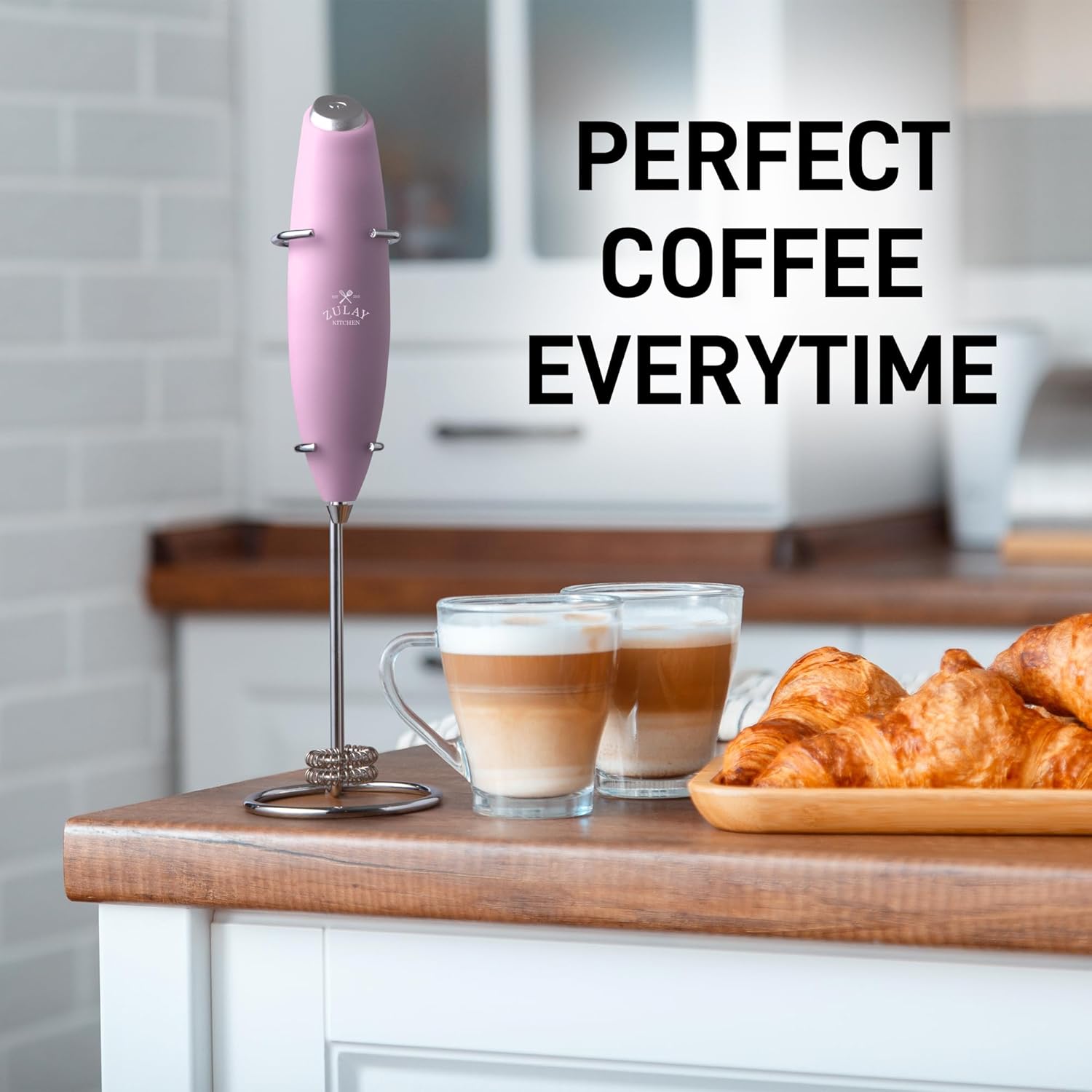 Zulay Kitchen Powerful Double Whisk Milk Frother Handheld - Foam Maker With Stand - Whisk Drink Mixer for Coffee, Mini Foamer for Latte, Matcha, Frappe, Hot Chocolate & Cappuccino - Pink - Culinary Roots