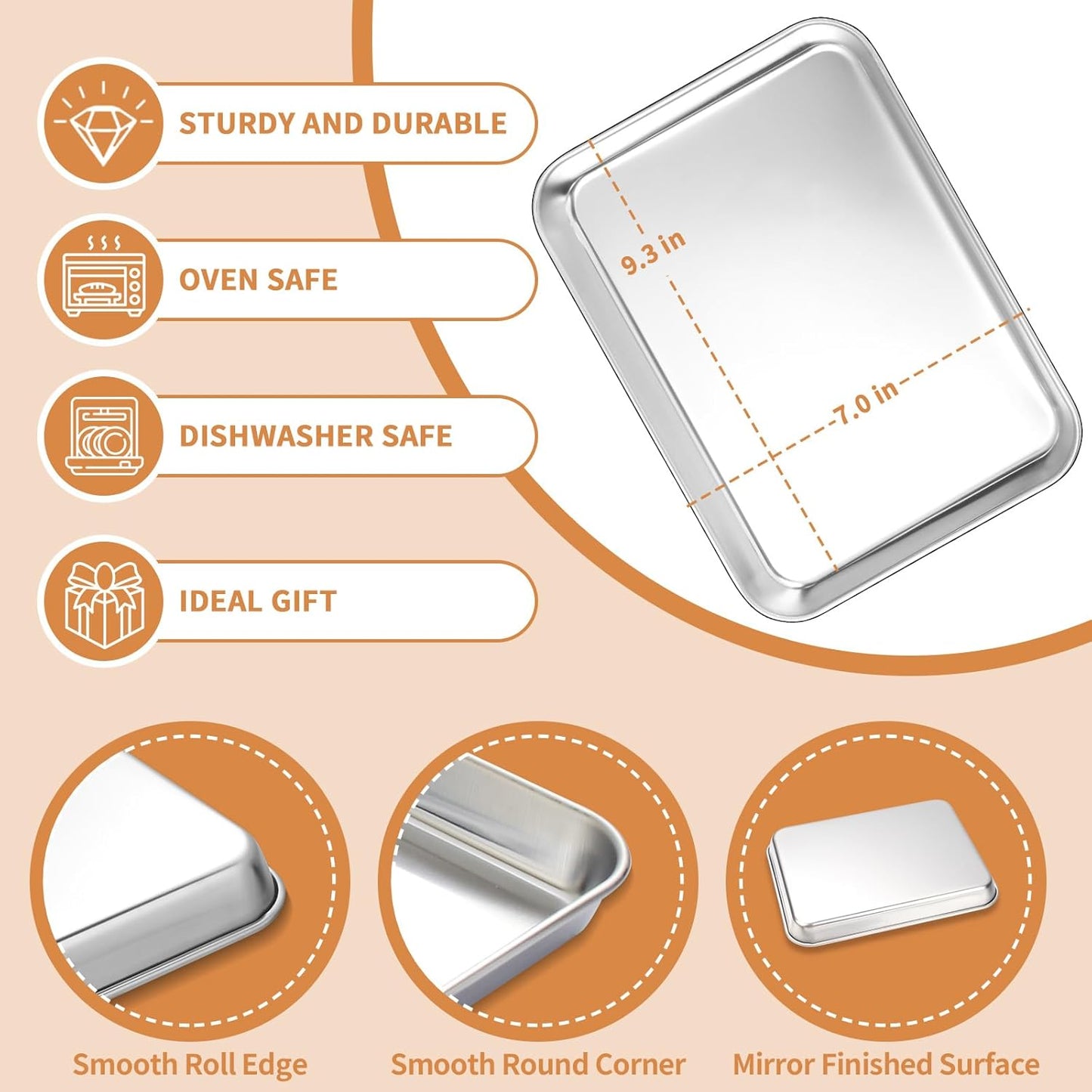Stainless Steel Baking Sheet Set of 2, Deedro Cookie Sheet Metal Baking Pan Oven Tray, Non Toxic & Heavy Duty, Rust Free & Mirror Finish, Easy Clean & Dishwasher Safe, 9 x 7 x 1 Inch - Culinary Roots