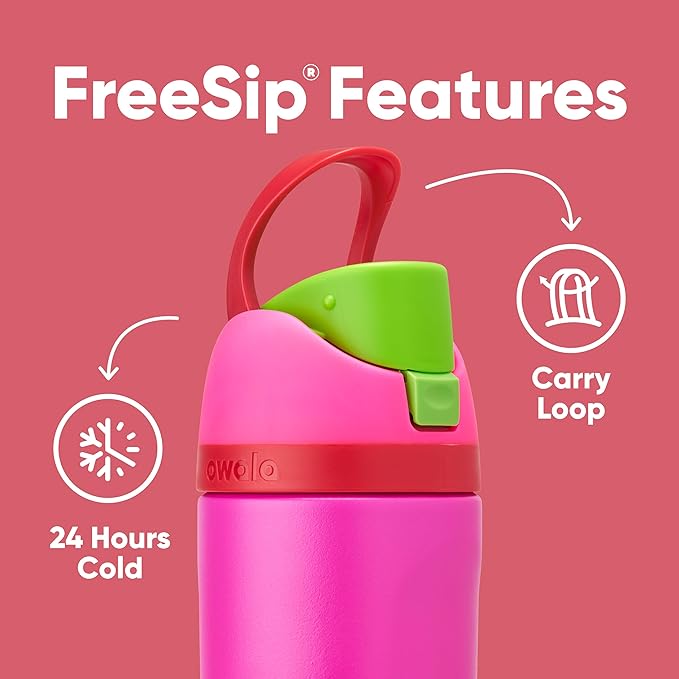Owala Kids FreeSip Insulated Stainless Steel Water Bottle with Straw, BPA-Free Sports Water Bottle, Great for Travel, 16 oz, All the Berries