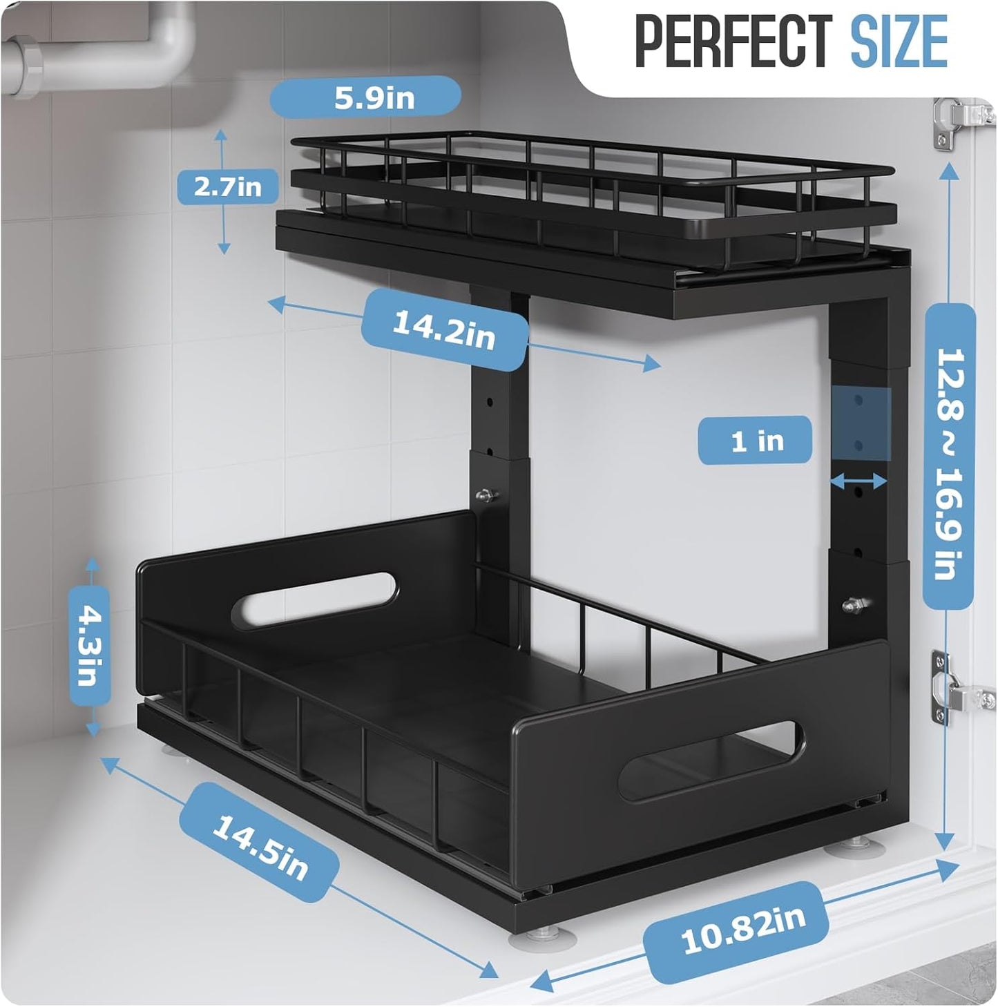 1 Pack Under Sink Organizer Upgrade To Professional Rails,2-Tier Dual Pull Out Cabinet Storage,Height Adjustable Slide Out Drawers For Bathroom Kitchen,Under Sink Shelf-Black