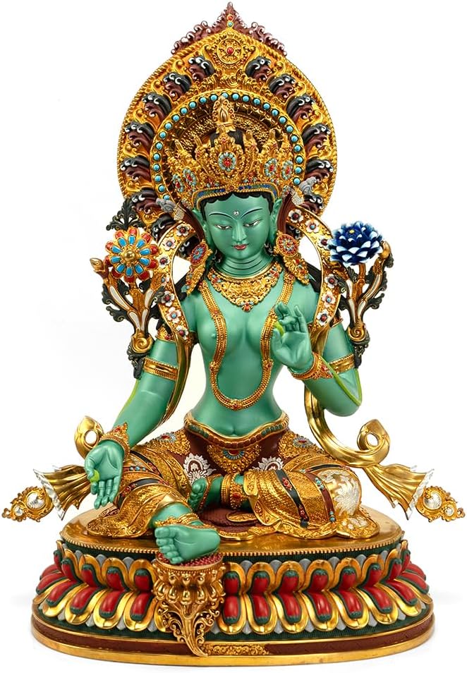 Handmade Copper Buddha Statue Indoor, Green Tara Buda Sculpture for Home Decor, Hand-Painted Colored Buddhist Budda,14.17"