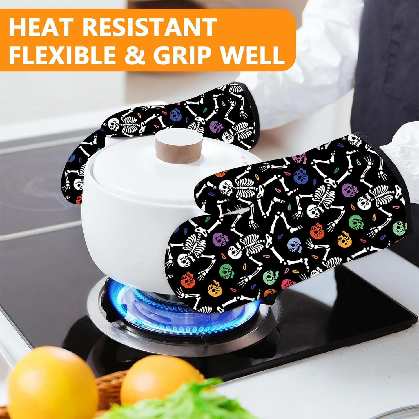 Skeleton Oven Mitts and Pot Holders Sets 4Pcs,Extra Long Oven Gloves Potholder for Kitchen Cooking Baking BBQ 100% Cotton Heat Resistant