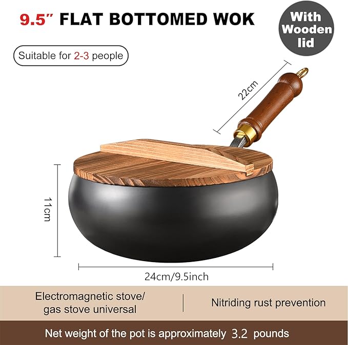 Carbon Steel Wok Pan, 9.5" Woks & Stir-Fry Pans with Wooden Lid Cookwares, Nonstick Wok Flat Bottom Small Handmade Chinese Wok For for All Stoves