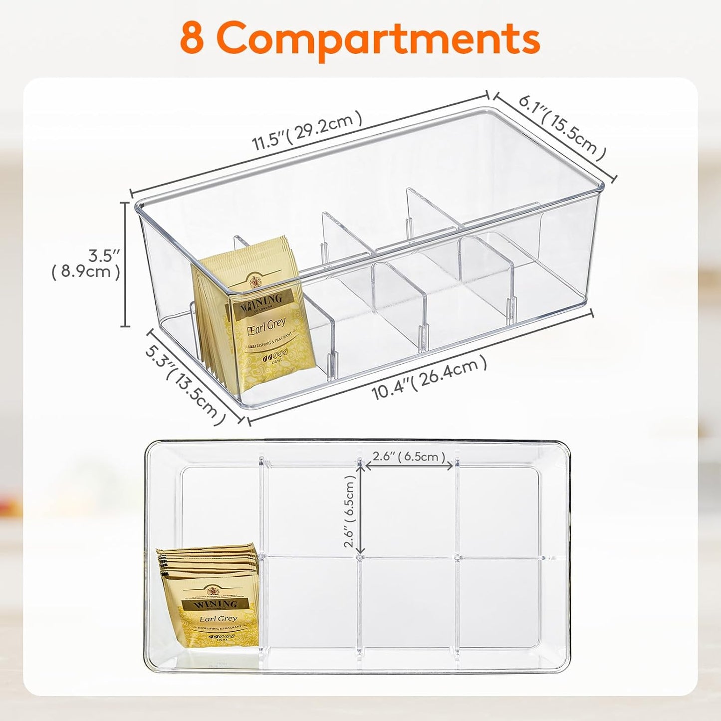 Lifewit 4 Pack Plastic Stackable Tea Bag Organizer, Divided Storage Bin Box for Kitchen Cabinets, Countertops, Pantry, Hold Coffee Pods, Sugar Packets, Condiments, Each for 8 Sections