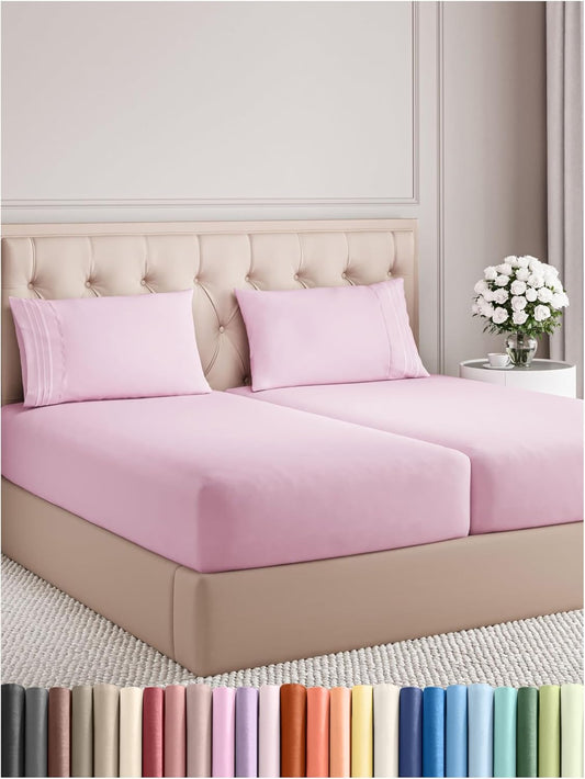 Split King Size 5 Piece Sheet Set - Comfy Breathable & Cooling Bed Sheets Set - Hotel Luxury Bedding for Women, Men, Kids, Teens, Boys & Girls - Deep Pockets and Wrinkle Free - Oeko-Tex - Light Pink