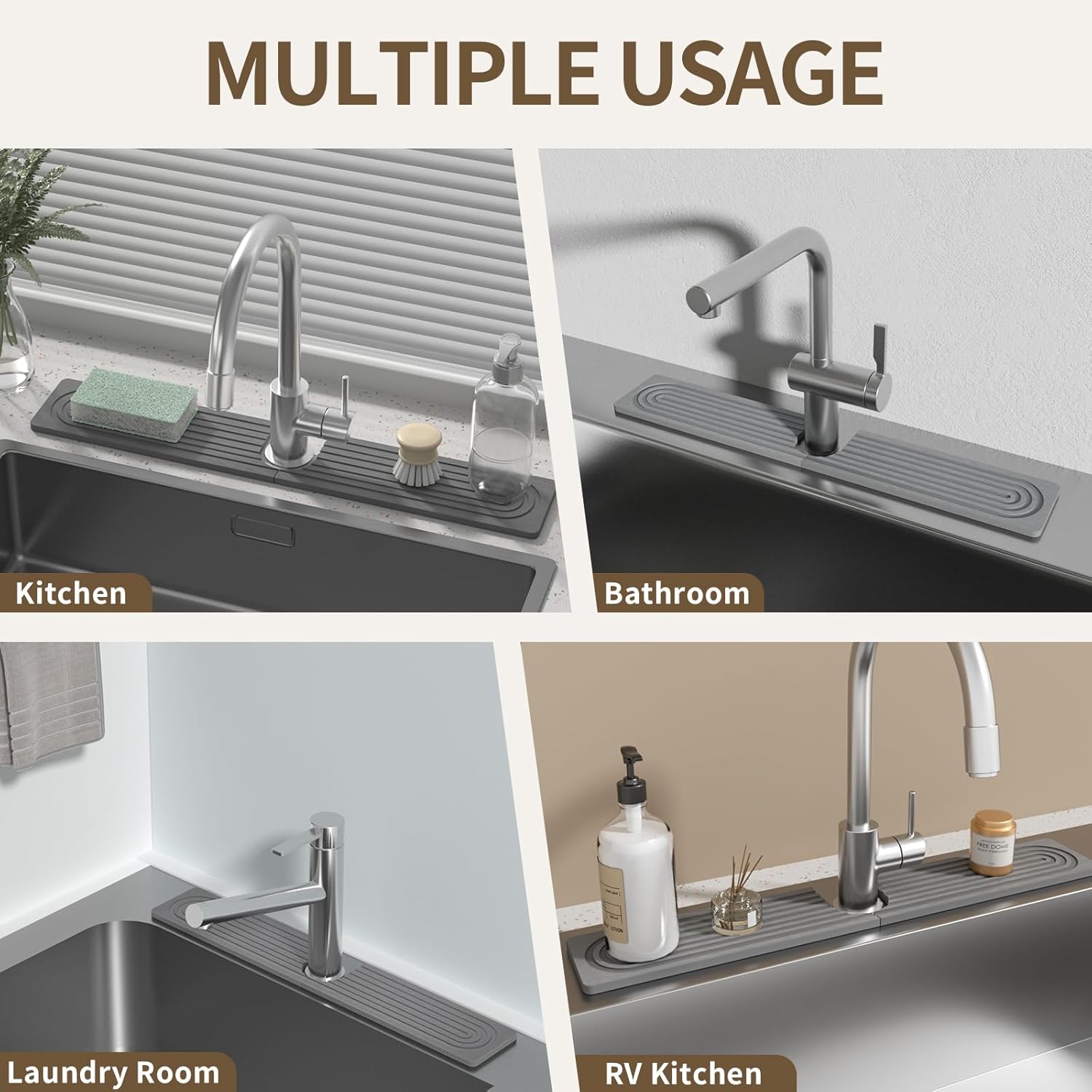 Faucet Mat for Kitchen Sink, Diatomite Stone Drying Sink Protectors, Bathroom Faucet Splash Guard, Quick Dry Water Absorbing, Non-Slip Stone Tray for Kitchen Counter, Grey, 23.6" x 3.9" - Culinary Roots