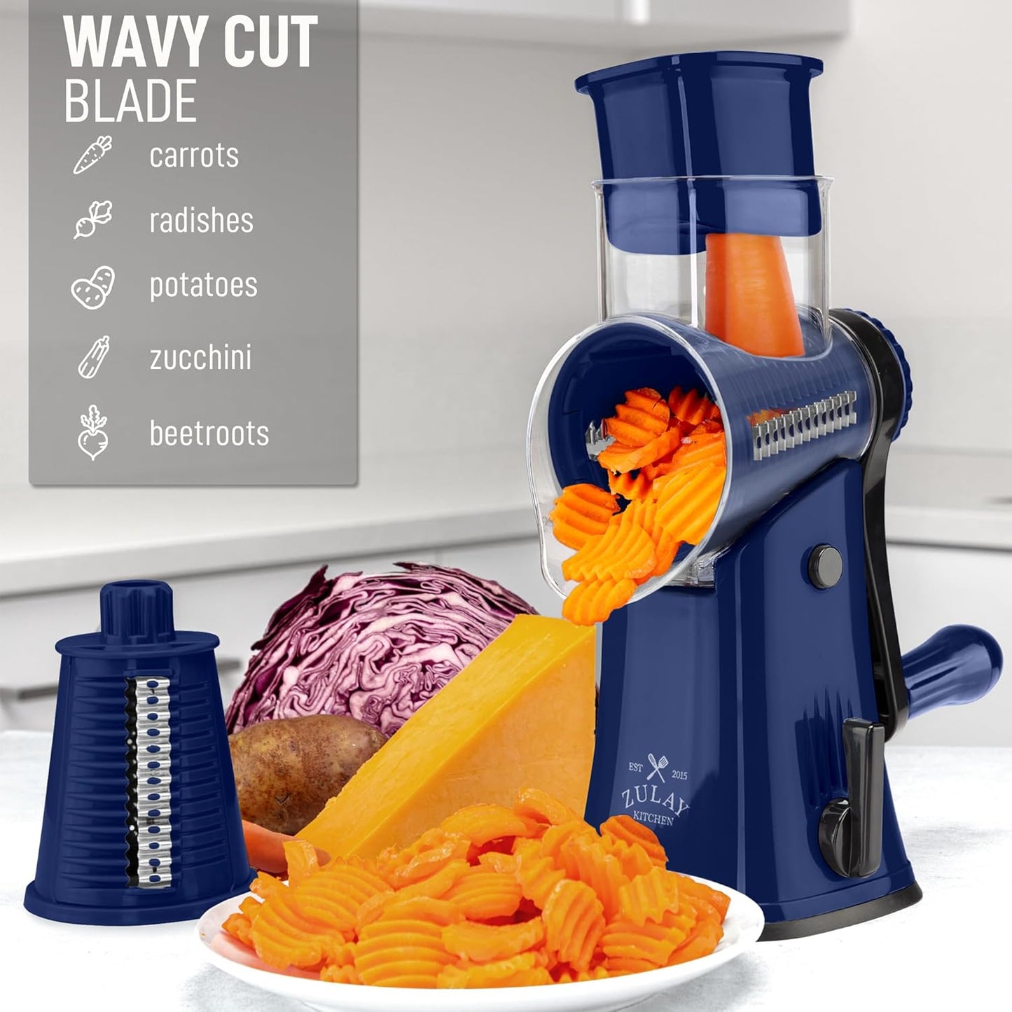 Zulay Kitchen Rotary Cheese Grater 5 Blade Cheese Shredder - Manual Hand Crank Cheese Grater With Reinforced Suction & 5 Interchangeable Drums - Easy to Use, Vegetable Chopper Round Mandoline Slicer - Culinary Roots
