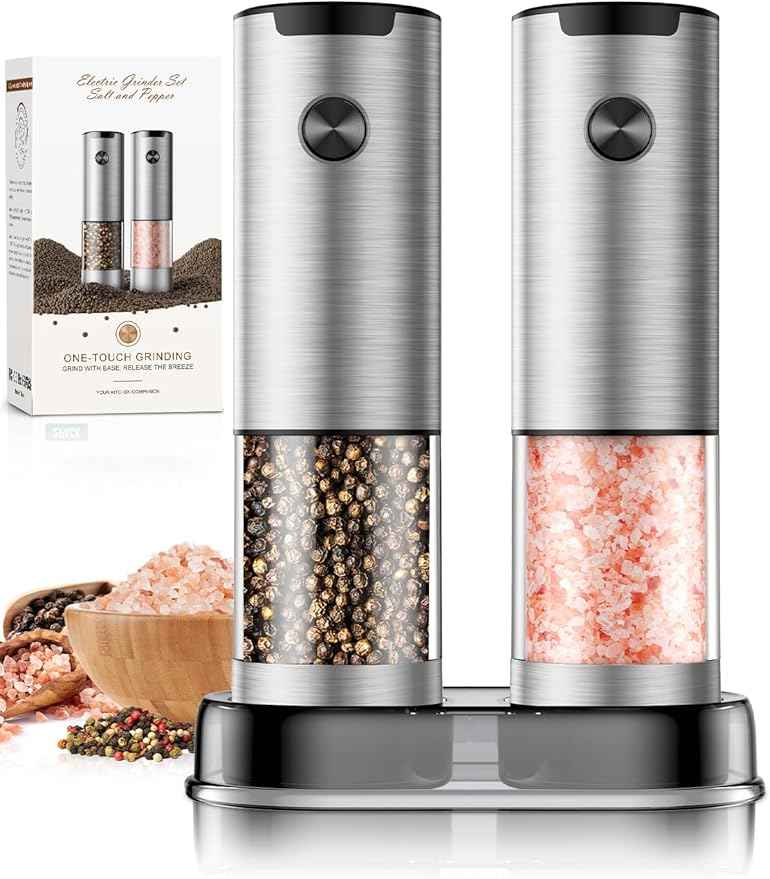 Salt and Pepper Grinder Set- Automatic Battery Pepper Mill Shakers Gifts for Men Dad, Adjustable Coarseness Upgraded Larger Capacity with Led Kitchen Essentials for New Home Housewarming