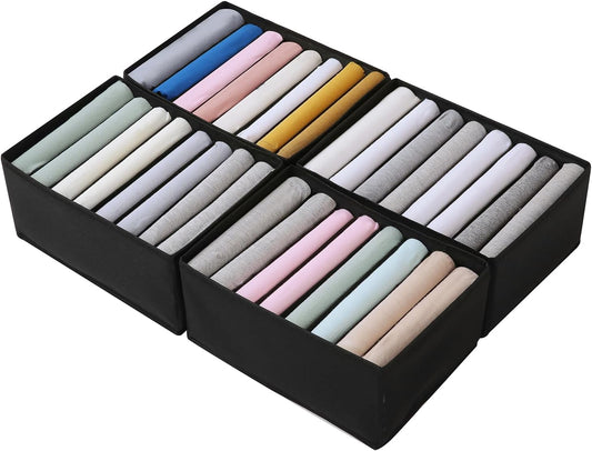 Qozary 4 Pack Drawer Organizers for Clothing, 8 Grids Foldable Closet Organizers and Storage Bins for Bedroom, Dresser Organizer Boxes for Thin T-shirts, Tank Tops (Black, Upgrade Height)