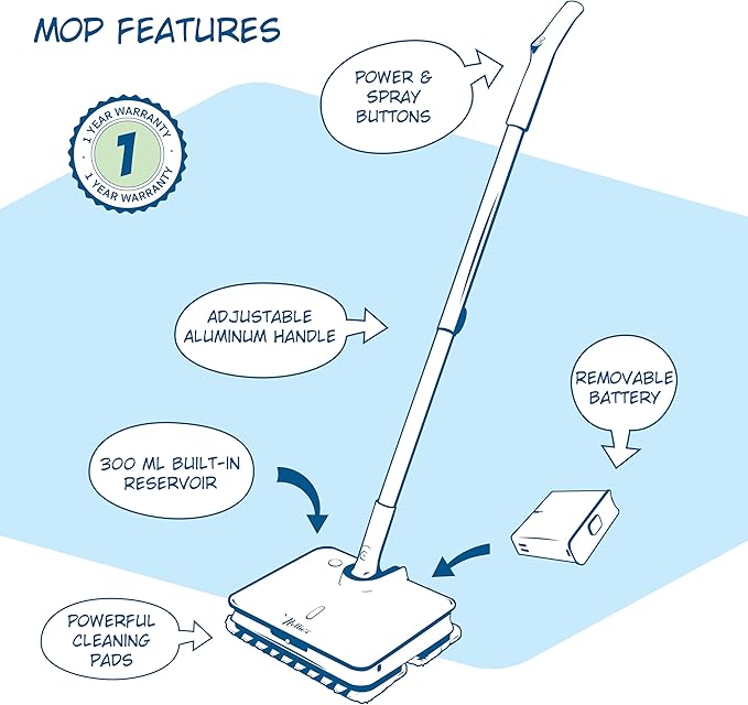 Wow Too Mop – Rechargeable Spray Mop with Adjustable Handle & Built-in Water Tank – LED Light for Spotless Cleaning – Cordless, Battery Powered & Easy to Use – Ideal for All Floor Types