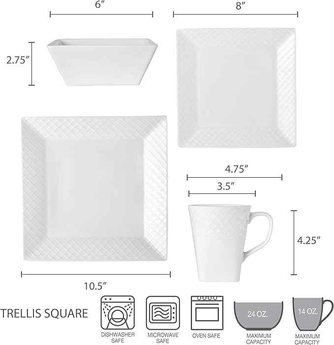 Trellis White Square 16 Piece Dinnerware Set, Service For 4