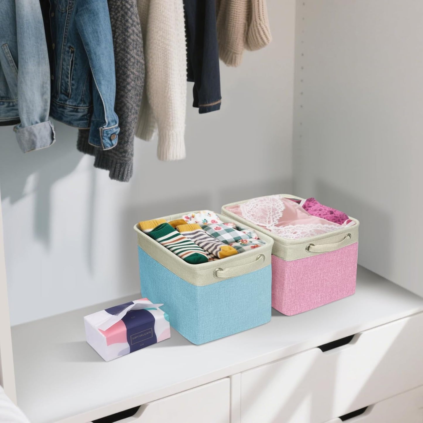 BALEINE 1 Pack Fabric Storage Bins for Shelves, Linen Storage Baskets for Organizing, Decorative Closet Bins for Clothes, Home (Navy Blue, 12"x8"x8")
