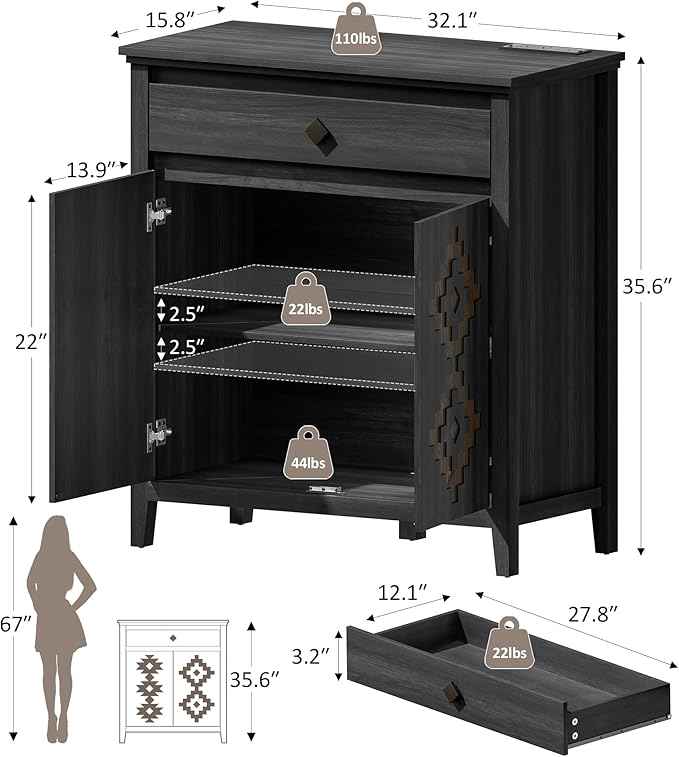 32'' Buffet Cabinet with Storage, Sideboard Cabinet with Drawer and Adjustable Shelf, Modern Accent Storage for Kitchen, Living Room, Entryway, Black