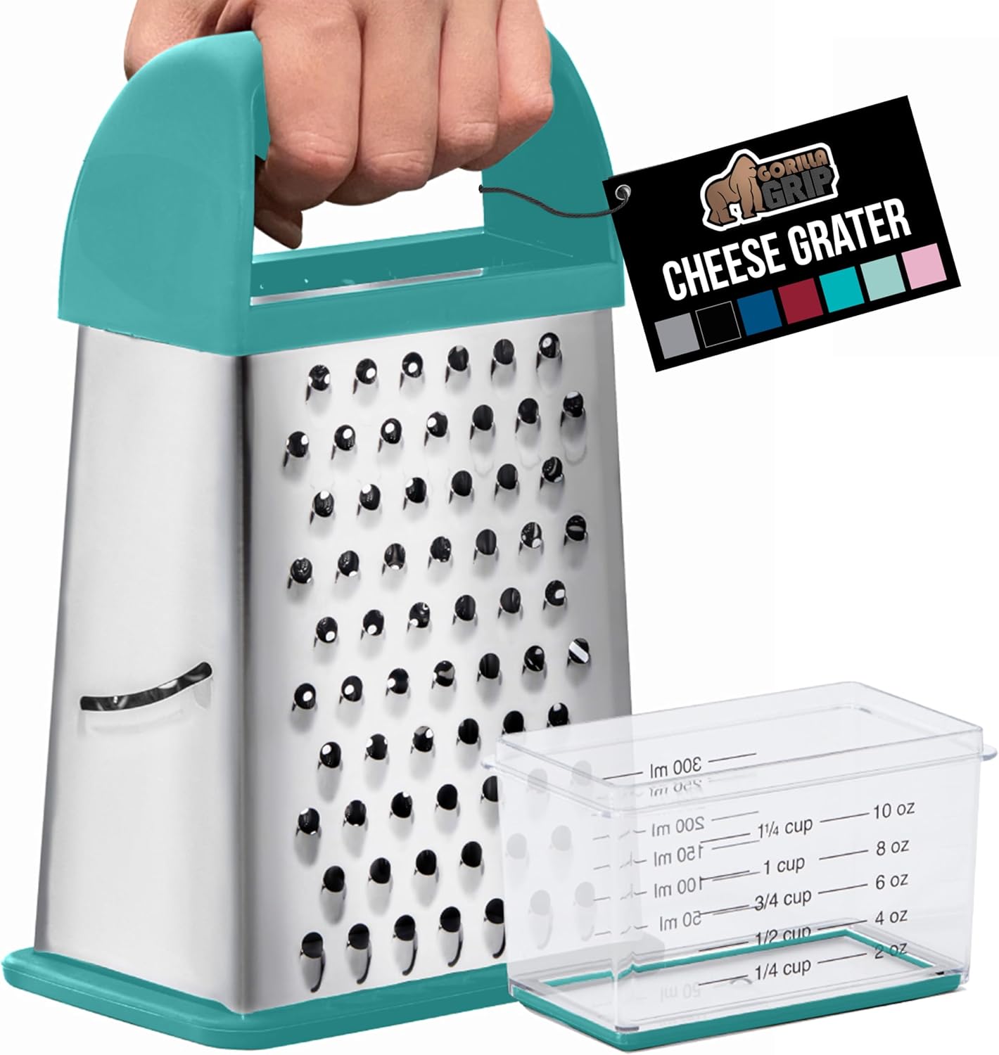 GORILLA GRIP 4-Sided 100% BPA-Free Cheese Grater With Container, Stainless Steel Box Graters, Parmesan Shredder, Grate Cheeses, Shred Veggies, Slip Resistant Handle, Dishwasher Safe Zester, Turquoise - Culinary Roots