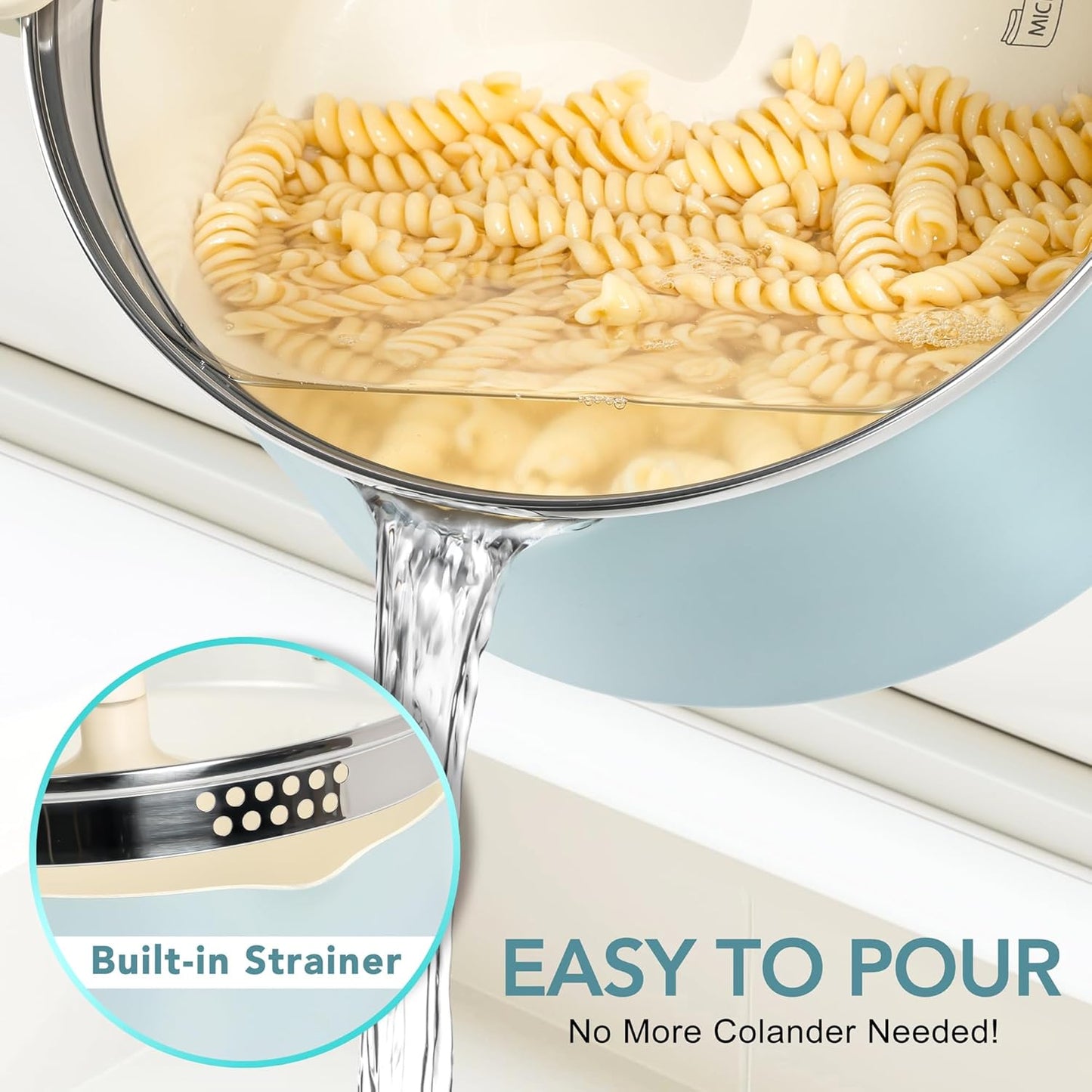 MICHELANGELO Pasta Pot with Strainer Lid - 6 Quart Cooking Pot with Lid, Non Stick Spaghetti Pot Ceramic Coated with Twist and Lock Handles for Easy Draining, Induction Compatible, Soft Aqua - Culinary Roots