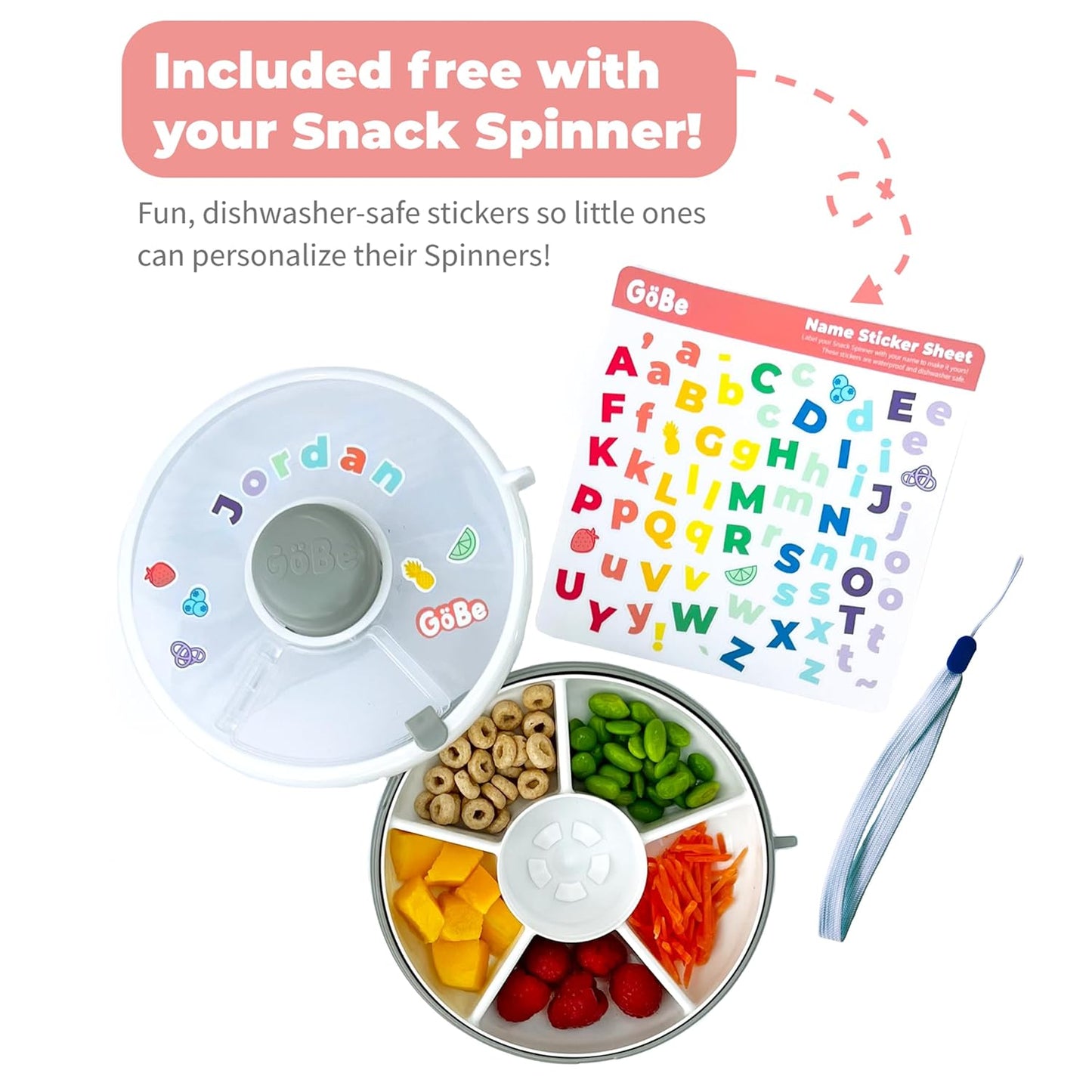 GoBe Kids Small Snack Spinner Flip Bundle with Hand Strap and Sticker Sheet - Reusable Snack Container with 5 Compartment Dispenser and Lid | BPA/PVC Free | Dishwasher Safe | No Spill- Macaron Blue